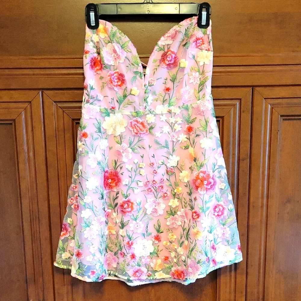 For Love And Lemons Pink Floral Embroidered Mini Dress